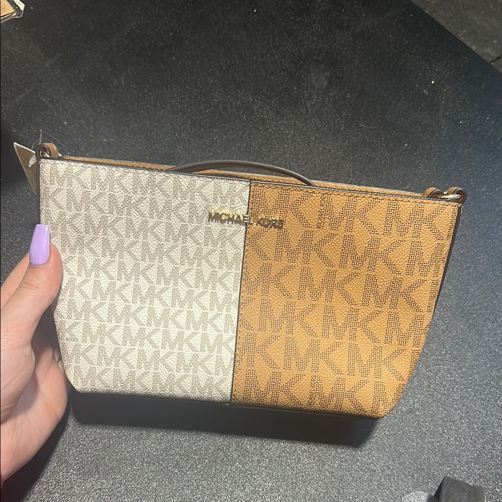 Michael Kors Cream and Tan Clutch with Signature MK Design